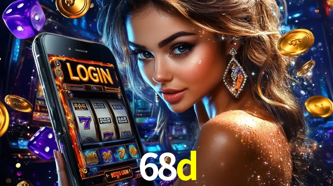 Mulher glamorosa segurando um smartphone com a tela de login para os jogos de caça-níqueis do cassino online 68d, com moedas de ouro e dados ao redor.