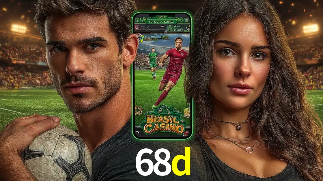 Homem segurando uma bola de futebol e uma mulher ao lado de um smartphone exibindo o jogo de apostas esportivas da 68d. Faça seu palpite no cassino online.